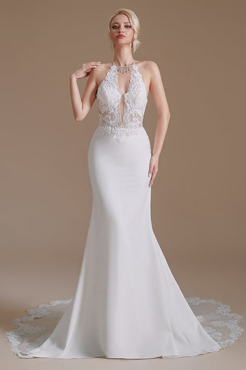 White Mermaid Halter Backless Sweep Train Robe de mariée avec dentelle